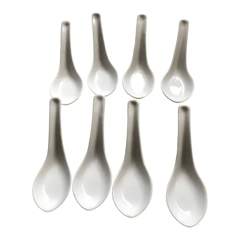 Asian Soup Spoons Set of 8 White Ceramic Chinese Rice Porcelain Flat Bottom